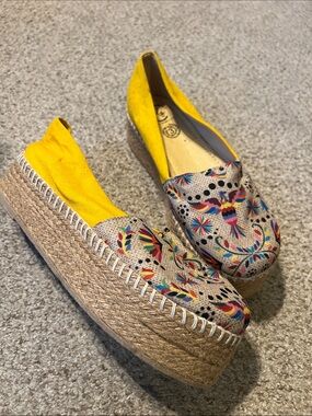 Kelsi Dagger Yellow Embroidered Espadrille Platform Slip-Ons